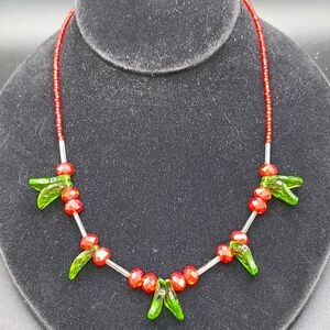 Christmas Holly Necklace Glass Beaded 17” Christmas Necklace Magnetic Closure